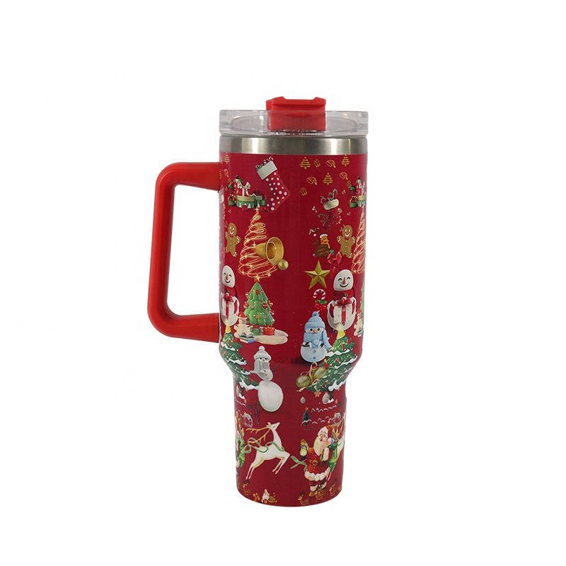 New design 40oz Stainless Steel Christmas Mug Festivals Luxury Water Bottle with Straw Handle Double Wall Insulated Mug