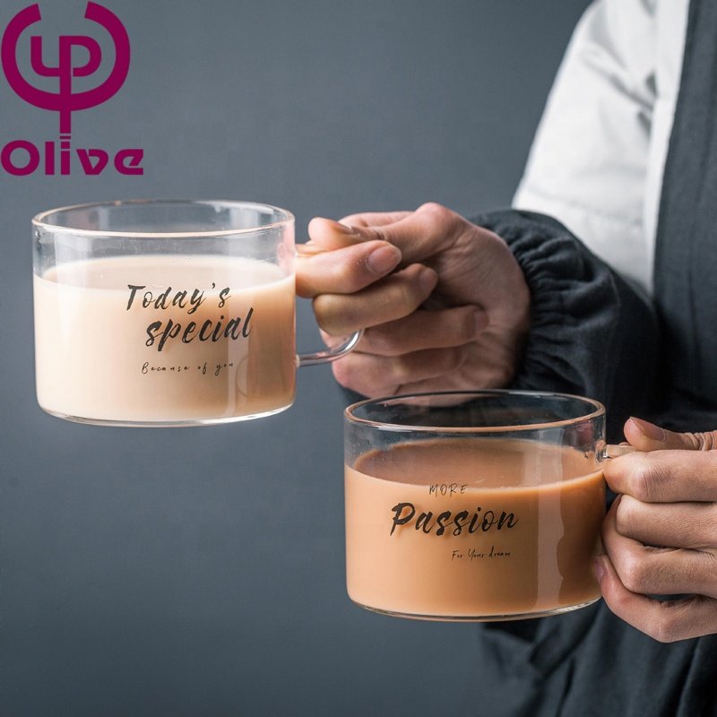 Wholesale office tea dessert oatmeal breakfast cup high borosilicate glass large size wide mouth alphabet coffee mug with handle