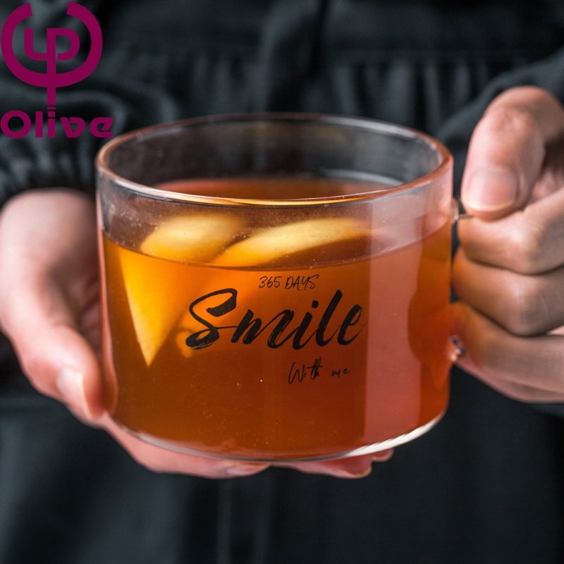 Wholesale office tea dessert oatmeal breakfast cup high borosilicate glass large size wide mouth alphabet coffee mug with handle