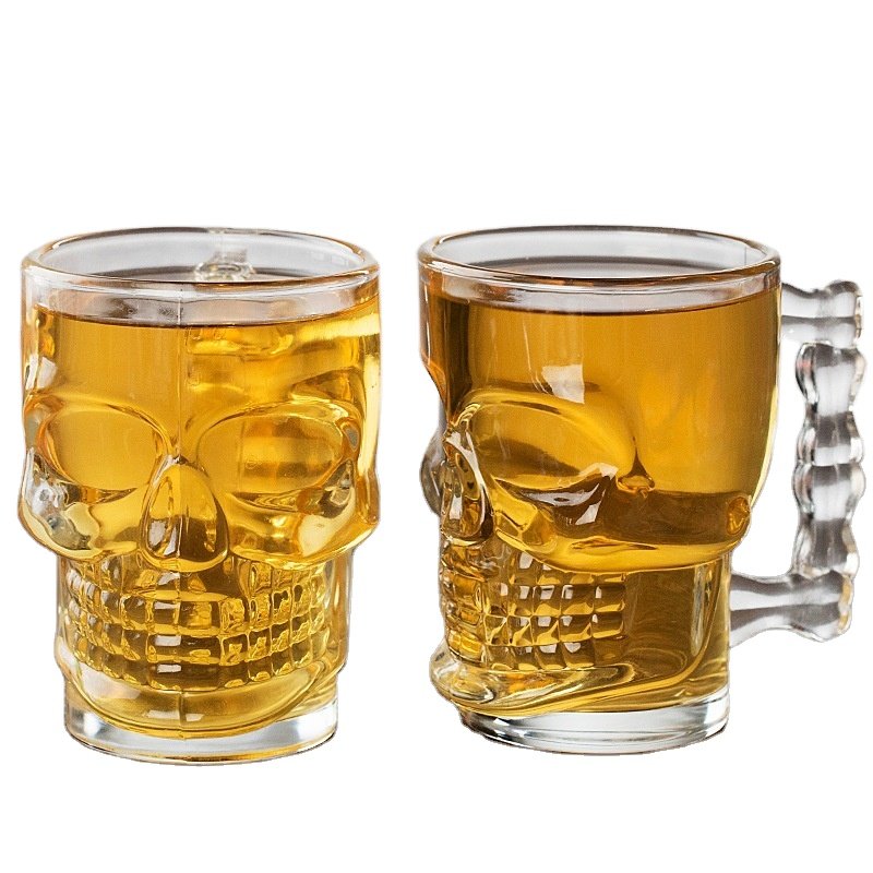 Factory direct sale glass wine glass with handle 17oz wide mouth skull beer mug