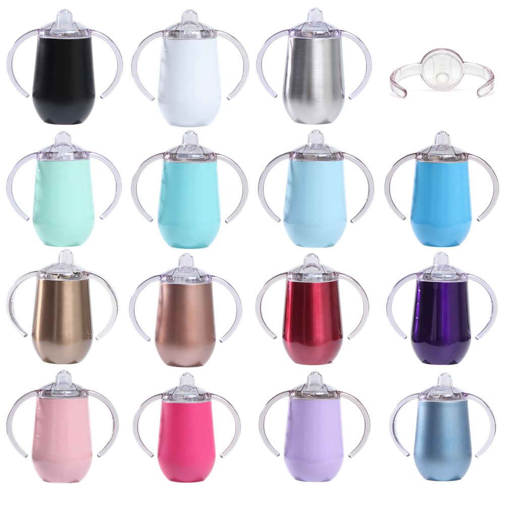 Hot Sale 10oz Stainless Steel Baby Sippy Cup with Nozzle Egg Shape Tumbler Baby Bottles with Double Handle
