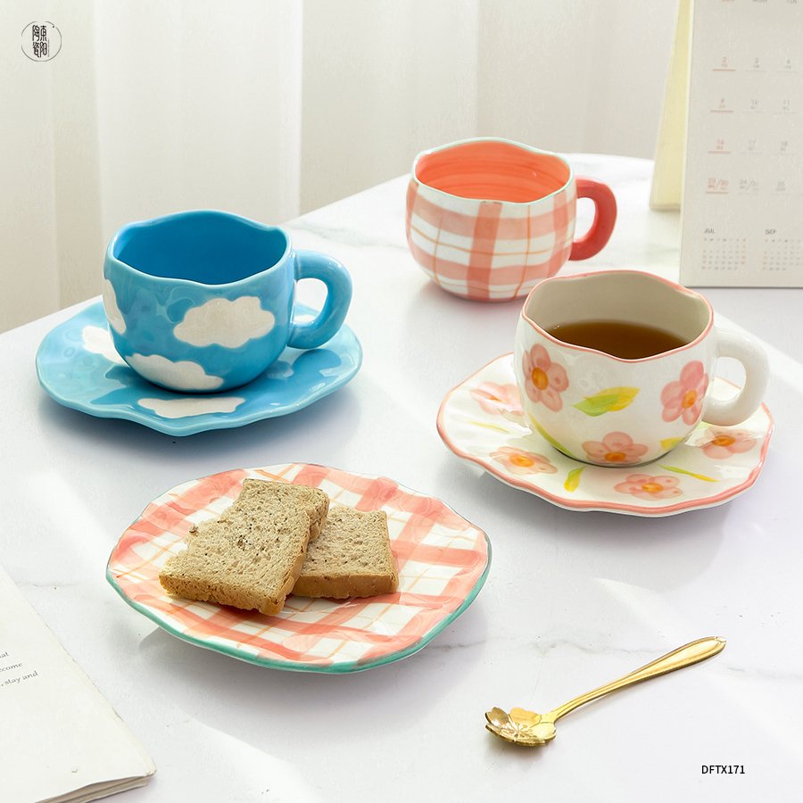 Custom ins ceramic mug handmade irregular 10oz coffee cup and saucer afternoon tea retro stoneware mug ceramic cup