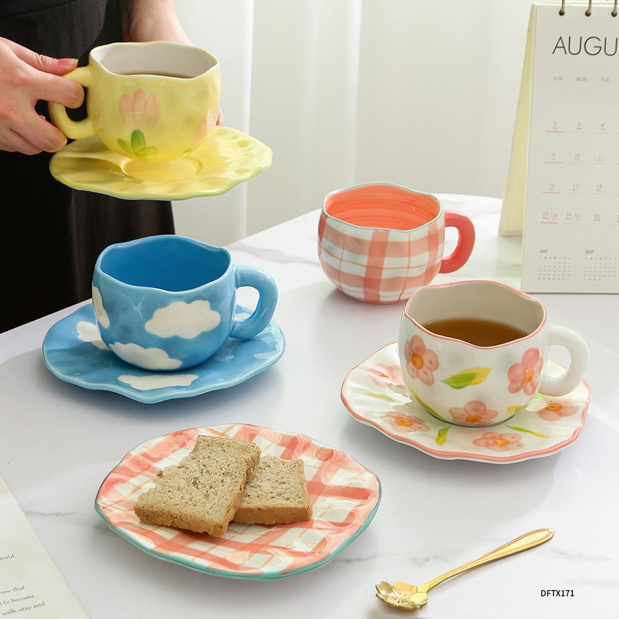 Custom ins ceramic mug handmade irregular 10oz coffee cup and saucer afternoon tea retro stoneware mug ceramic cup