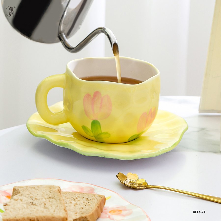 Custom ins ceramic mug handmade irregular 10oz coffee cup and saucer afternoon tea retro stoneware mug ceramic cup