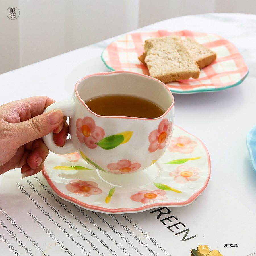 Custom ins ceramic mug handmade irregular 10oz coffee cup and saucer afternoon tea retro stoneware mug ceramic cup