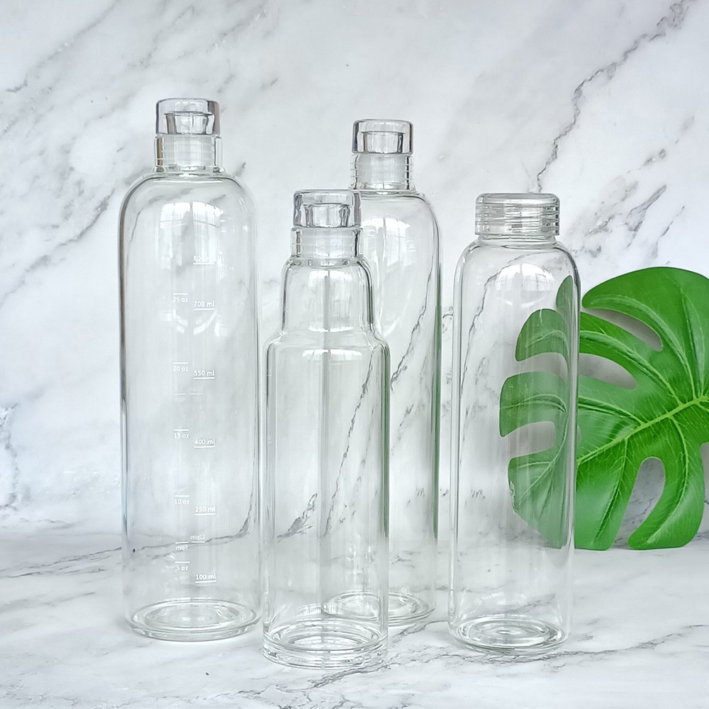 Custom Logo Borosilicate Drinking Glass Water Bottle with Motivational Measurement