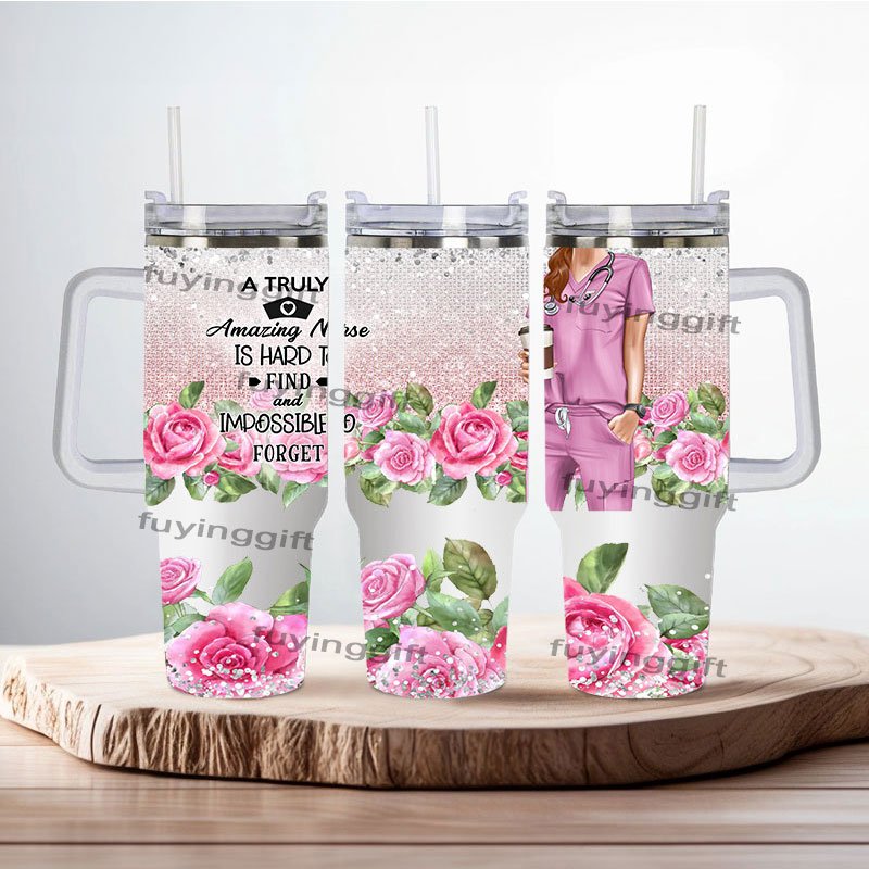 Low Price Custom High Quality Nurse Themed Insulated Mug 40oz Stainless Steel Cup 5d Printing 40 Oz Tumbler with handle straw