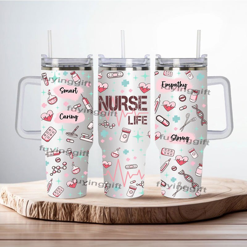 Low Price Custom High Quality Nurse Themed Insulated Mug 40oz Stainless Steel Cup 5d Printing 40 Oz Tumbler with handle straw