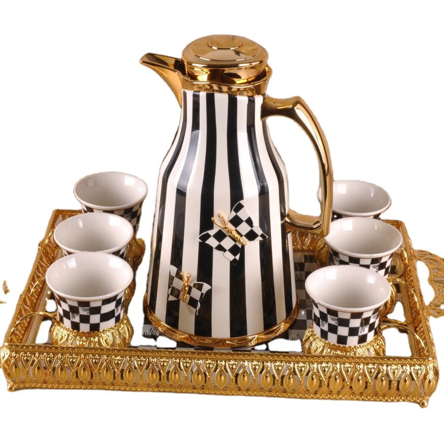 Stylish gold-plated dignity pattern design porcelain coffee pot gift set arabic turkish insulated vacuum flasks