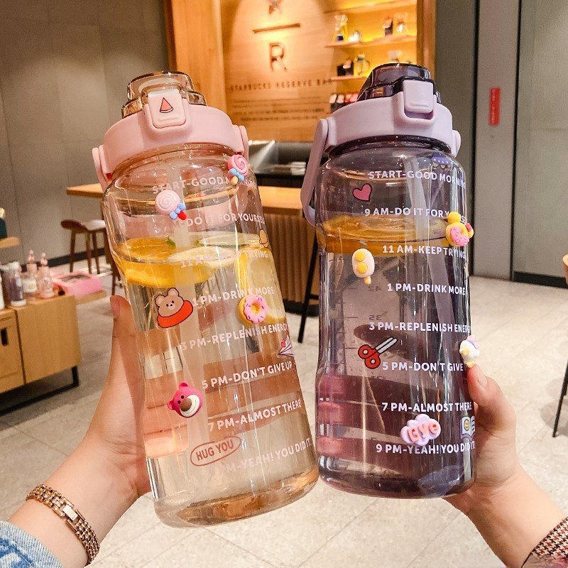 2 Liter Sport Water Bottle Plastic Jug Girls Portable Travel Water Bottles Fitness Bike Cup Summer Cold Water Jug Time Marker