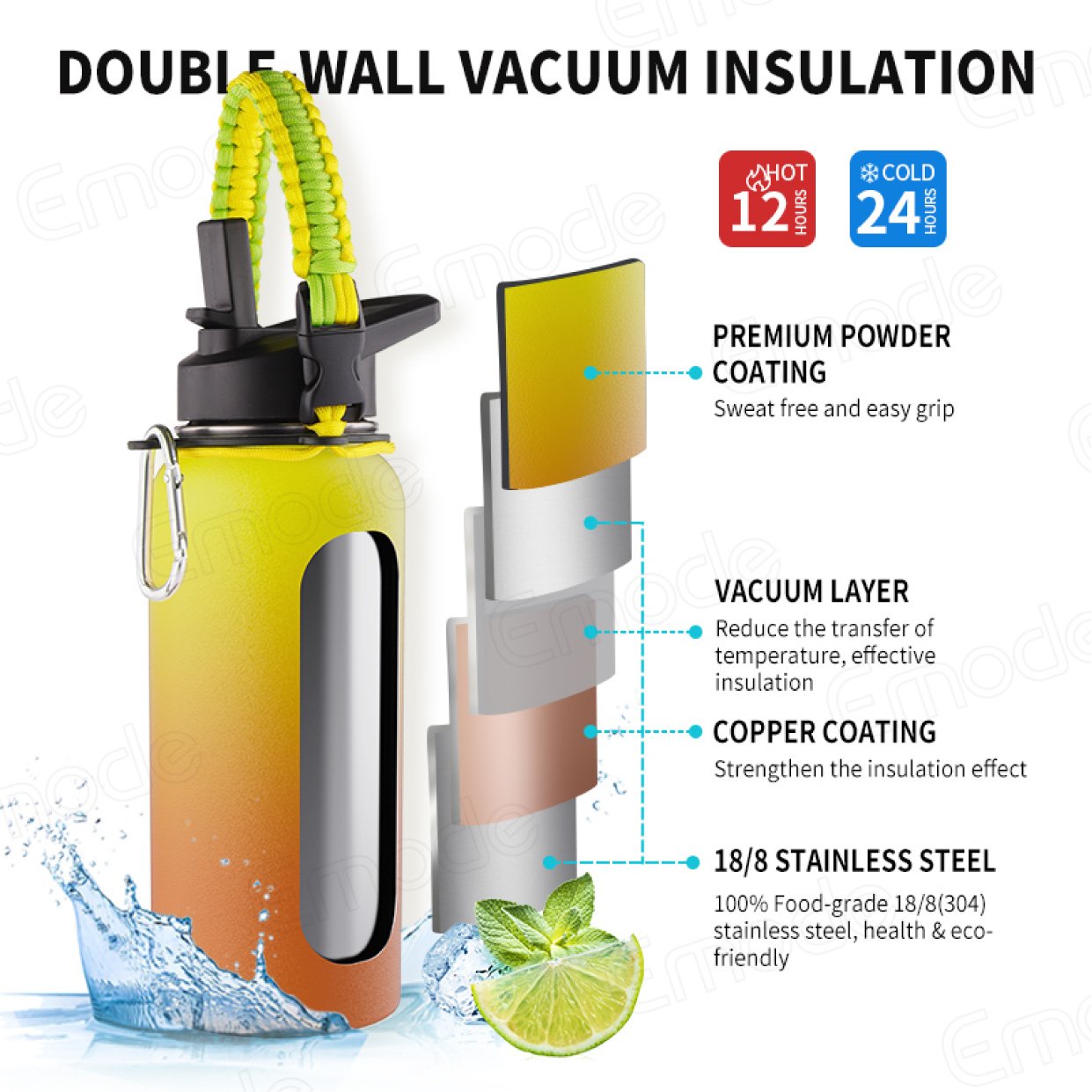 32 oz Insulated Water Bottle with Paracord Handle, Stainless Steel Eco Friendly Vacuum Flask Sport Water Bottles with 3Lids