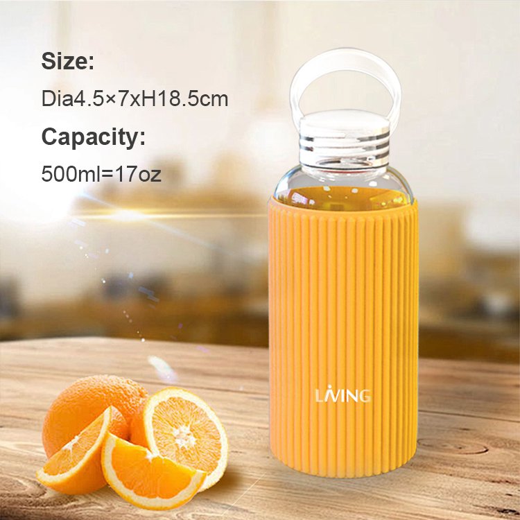 BPA Free 17oz/500ml Clear Glass Water Bottles with Lids and Silicone Sleeve Reusable Refillable Water Bottles 100% Leak Proof