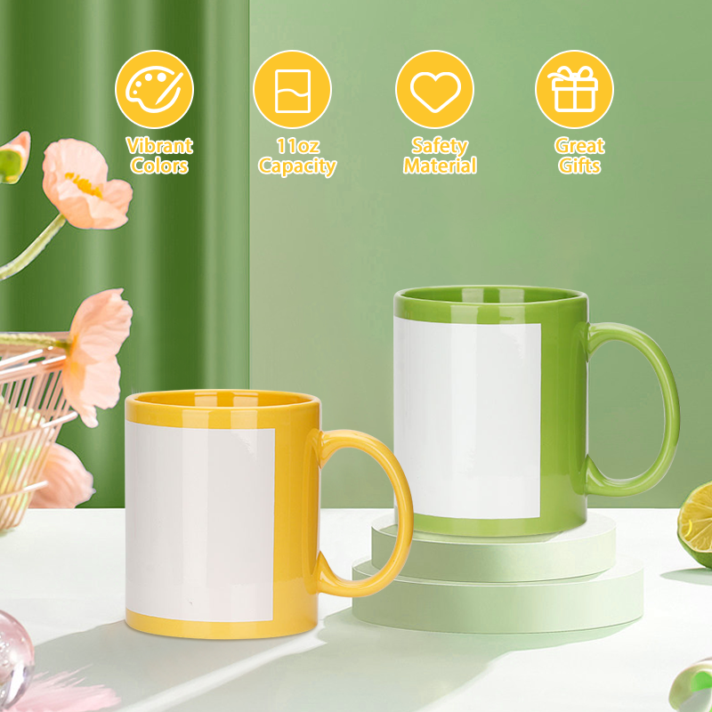 China Warehouse inner colors 11oz ceramic mug with white patch black Full color sublimation