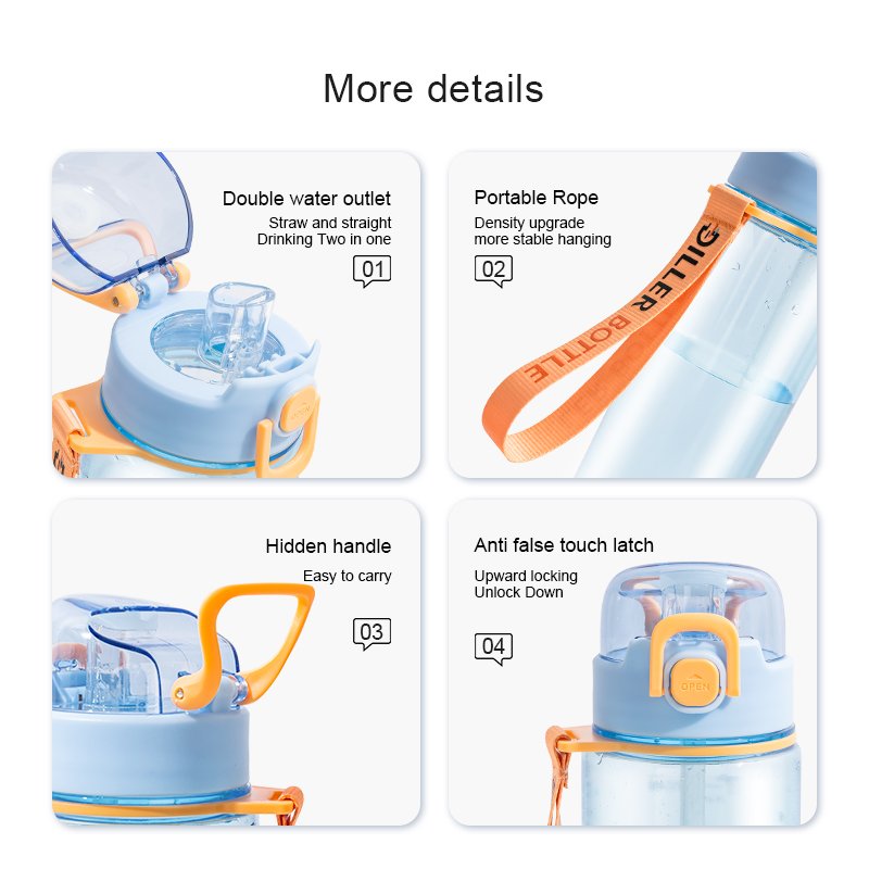 Customized Transparent Sports Water Flask Large Capacity Tritan BPA Free Plastic Straw Bottle With Rope