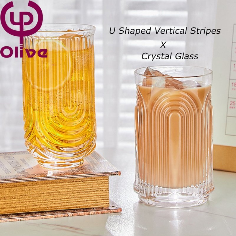Custom 4OZ Verre Cafe Restaurant Transparent Drinking Mug Crystal Glass U Shape Highball Vertical Striped Latte Coffee Glass Cup