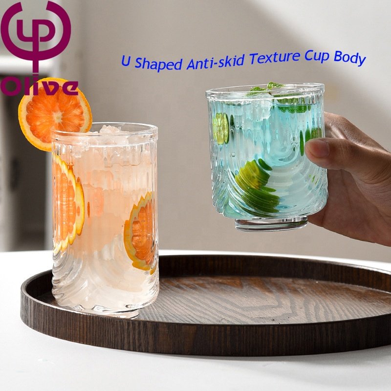 Custom 4OZ Verre Cafe Restaurant Transparent Drinking Mug Crystal Glass U Shape Highball Vertical Striped Latte Coffee Glass Cup