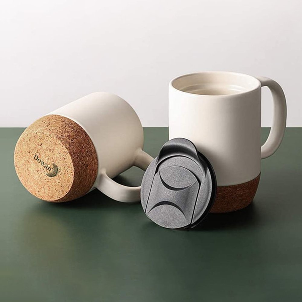 Wholesale 15OZ Reusable Cork Bottom Ceramic Cup With Lid, High Quality Custom Logo Coffee Black Porcelain Mug Dishwasher Safe