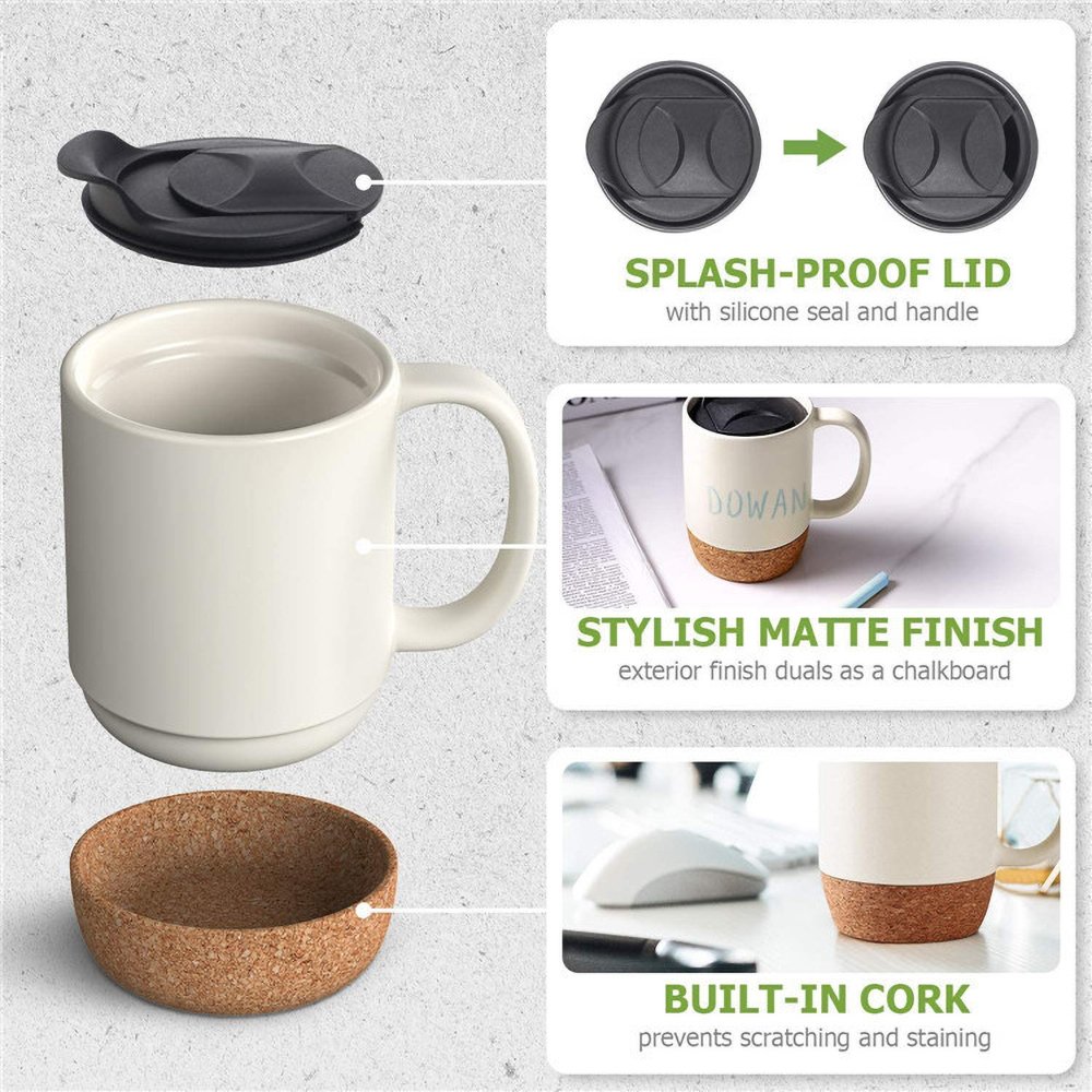 Wholesale 15OZ Reusable Cork Bottom Ceramic Cup With Lid, High Quality Custom Logo Coffee Black Porcelain Mug Dishwasher Safe