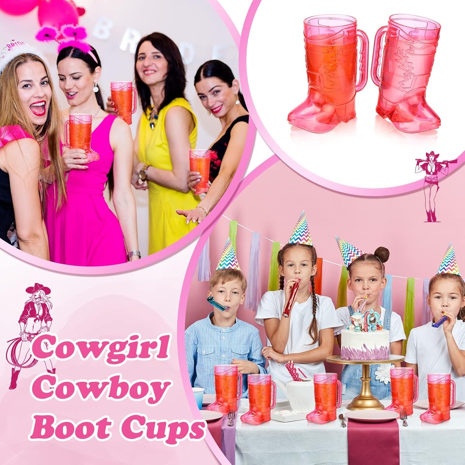 16 oz Plastic Cowgirl Cowboy Boot Mugs Plastic Large Boot Shot Glasses Pink Drink Cups Mug with Handle for Western Theme Party
