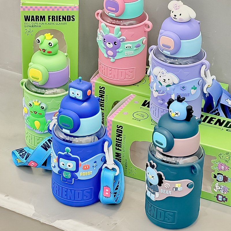 Seaygift students school kids cute cartoon doll rabbit robot frog baby plastic drink cups portable strap children water bottle