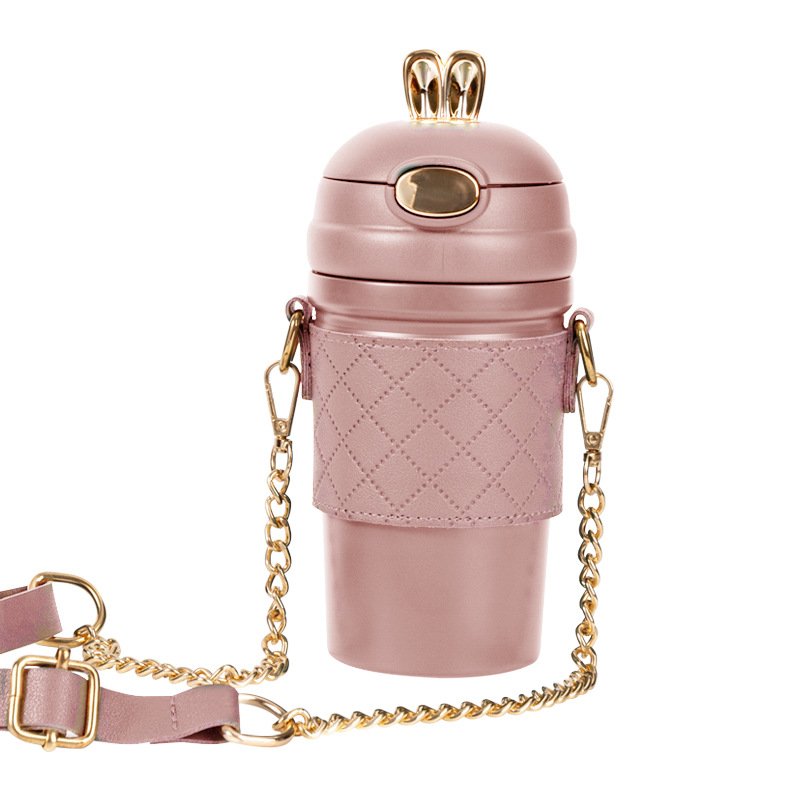 2023 high quality rabbit ear vacuum flask double wall stainless steel water bottle with straw and Shoulder strap
