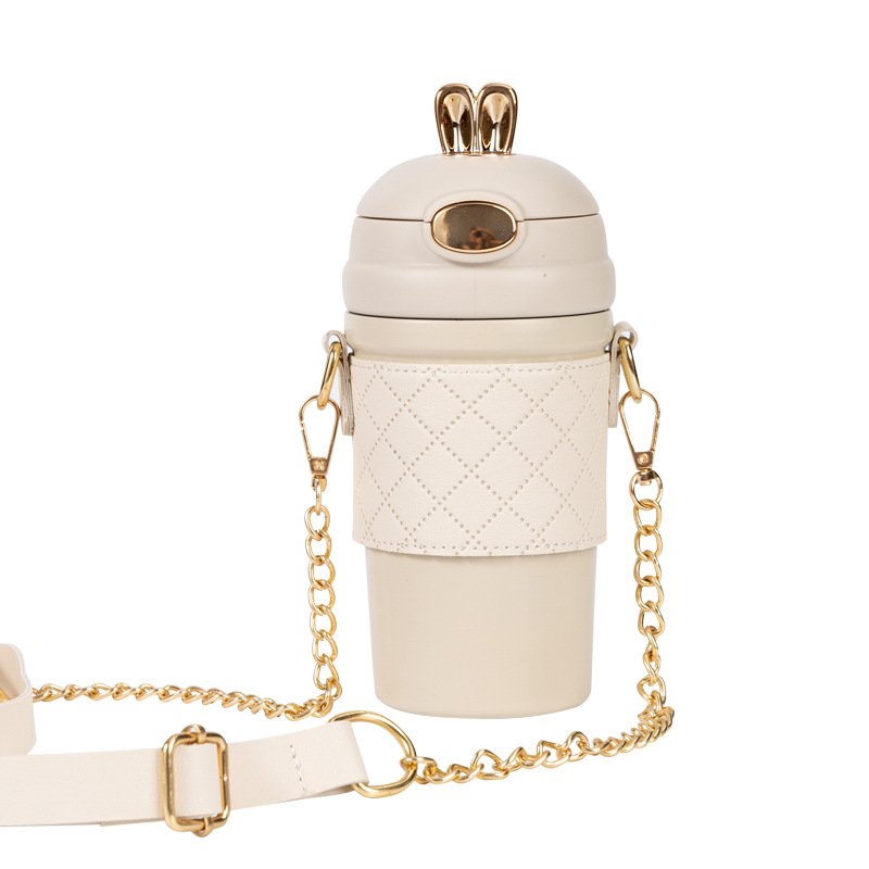 2023 high quality rabbit ear vacuum flask double wall stainless steel water bottle with straw and Shoulder strap