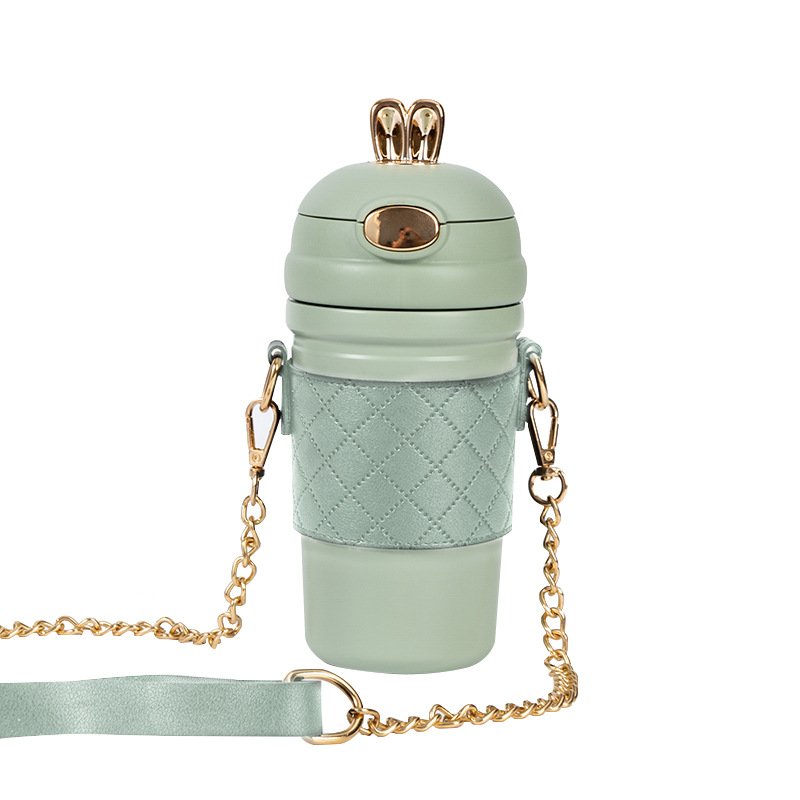 2023 high quality rabbit ear vacuum flask double wall stainless steel water bottle with straw and Shoulder strap
