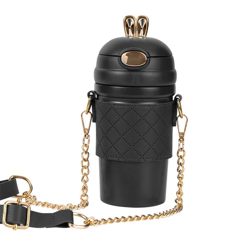 2023 high quality rabbit ear vacuum flask double wall stainless steel water bottle with straw and Shoulder strap
