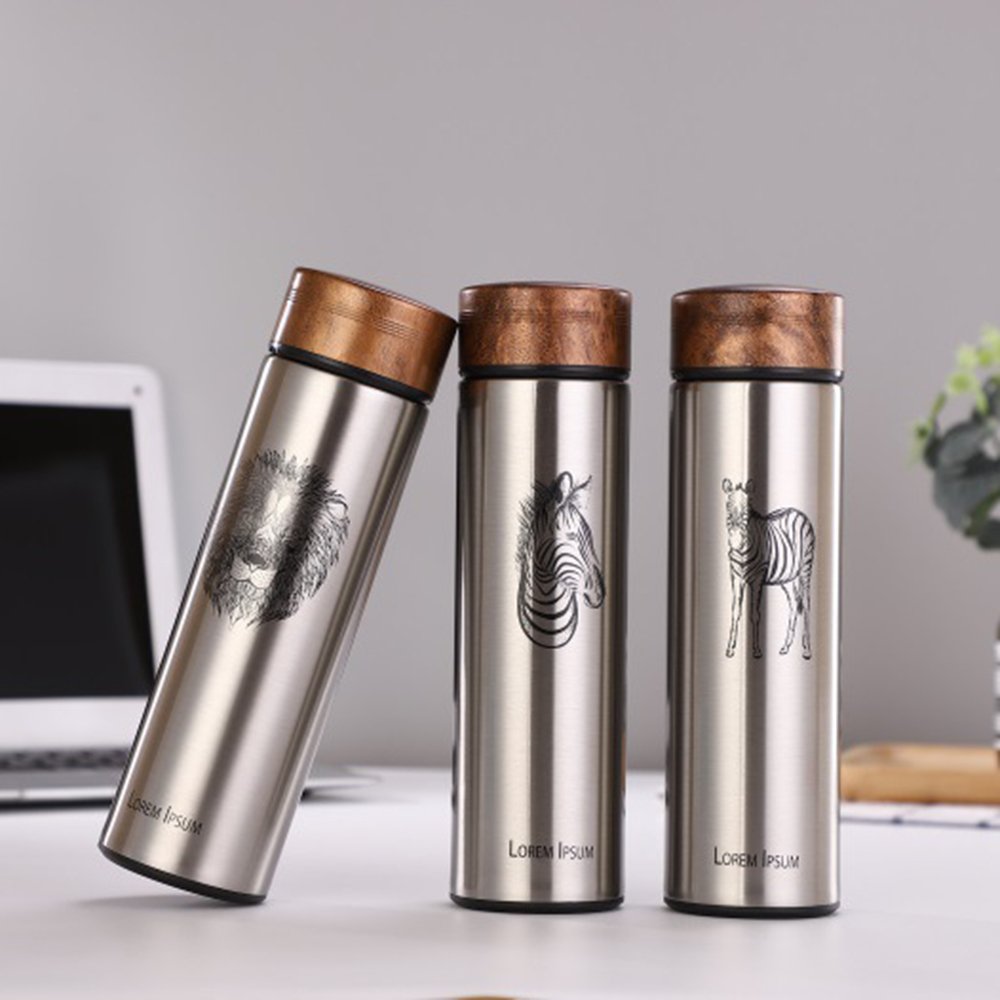 Wholesale Stainless Steel Double Wall Tumbler Vacuum Flask Thermal Cup with Wooden Grain Lid animal Thermos Bottle