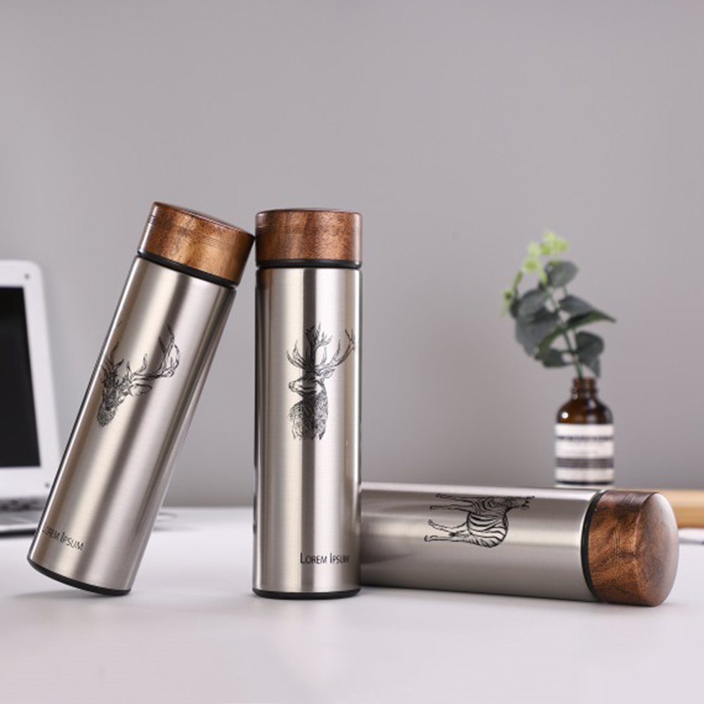 Wholesale Stainless Steel Double Wall Tumbler Vacuum Flask Thermal Cup with Wooden Grain Lid animal Thermos Bottle