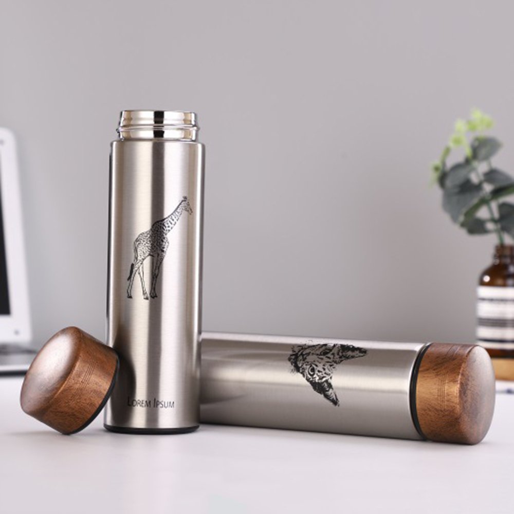 Wholesale Stainless Steel Double Wall Tumbler Vacuum Flask Thermal Cup with Wooden Grain Lid animal Thermos Bottle
