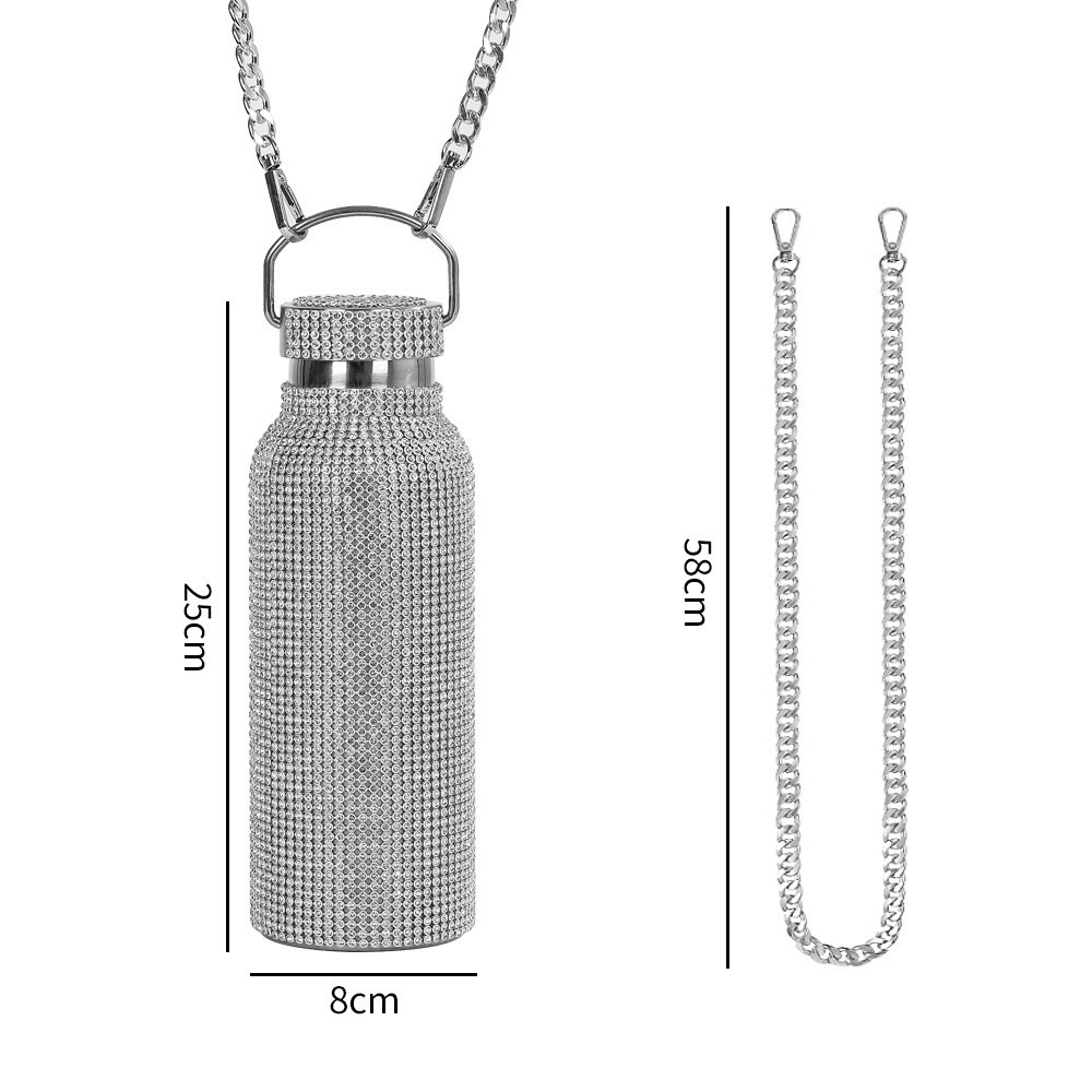 Bling Bling Stainless Steel Diamond Vacuum Flask Creative Portable Handle Deluxe Vacuum Flask Diamond Water Bottle with Chain