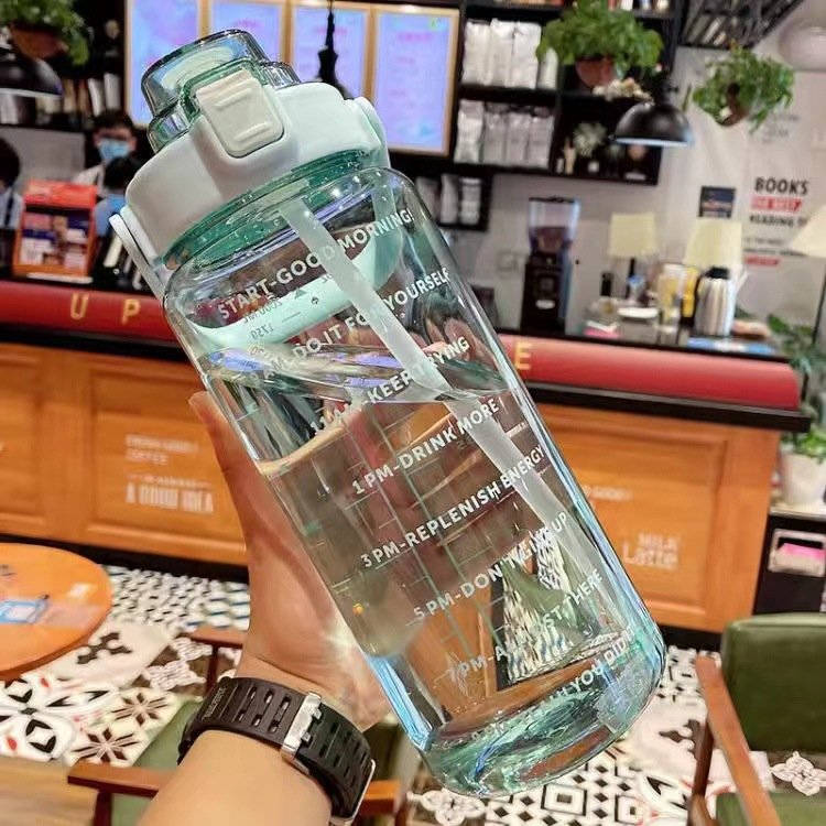 Outdoor 2000Ml Black Colors Sport Gym Fitness Water Bottle Plastic Water Bottle With Straw