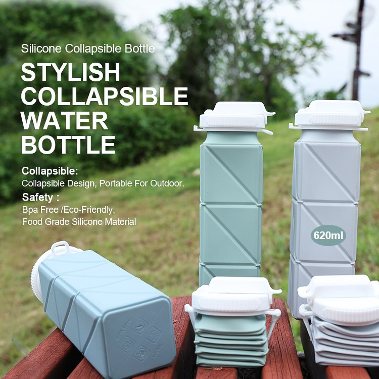 Portable Retractable Camping Eco-friendly Drinking Cups Custom Logo 620ml Silicon Folding Water Bottle Collapsible With Straw