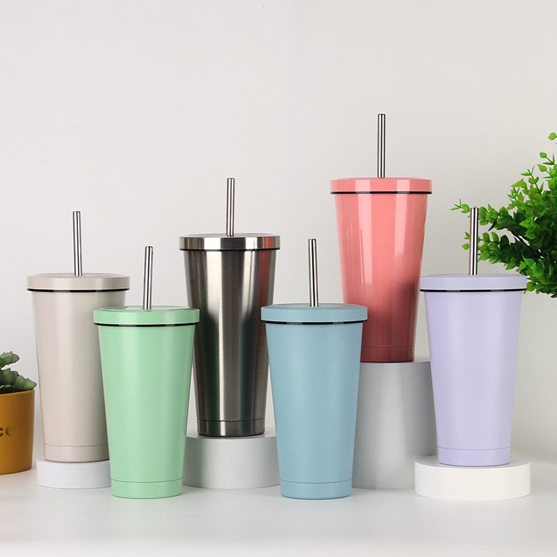 304 Stainless Steel Vacuum Thermos Cup Portable Coffee Mug with Straw Cold Insulated Vacuum Flask Water Bottle