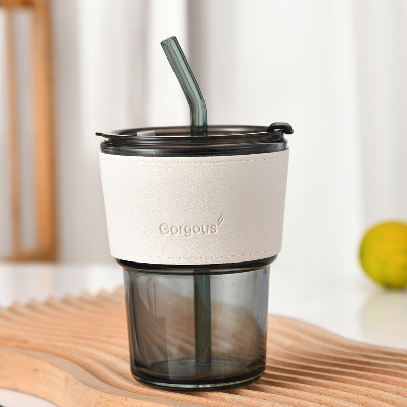 Hot sale 400ML Glass Mug With Straw Reusable Glass Mug With Lid 13.5OZ Glass Cup Wholesale