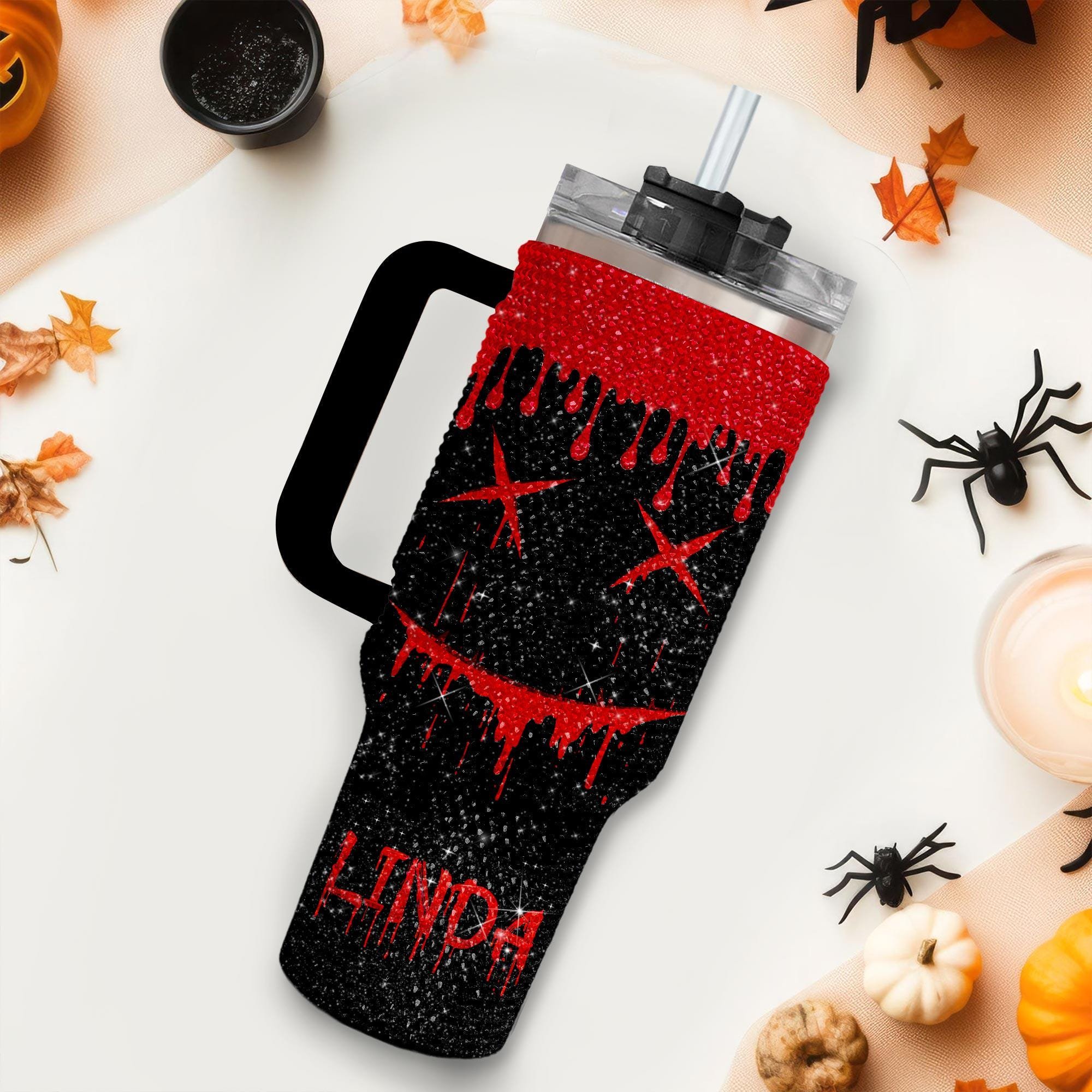 christmas gift custom name tumbler Halloween pumpkin smell face Rhinestone 40oz metal vacuum Insulated Mug with handle