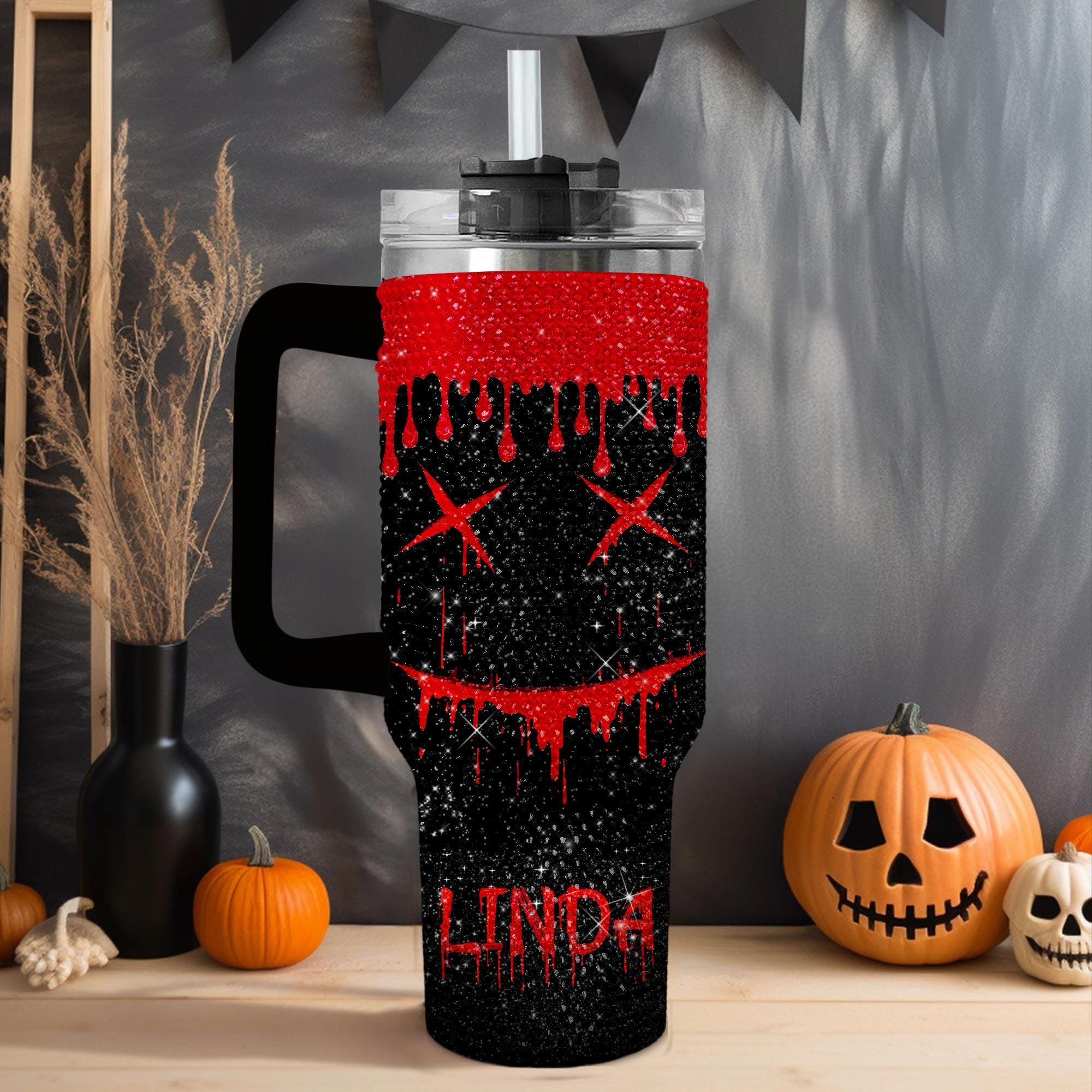 christmas gift custom name tumbler Halloween pumpkin smell face Rhinestone 40oz metal vacuum Insulated Mug with handle