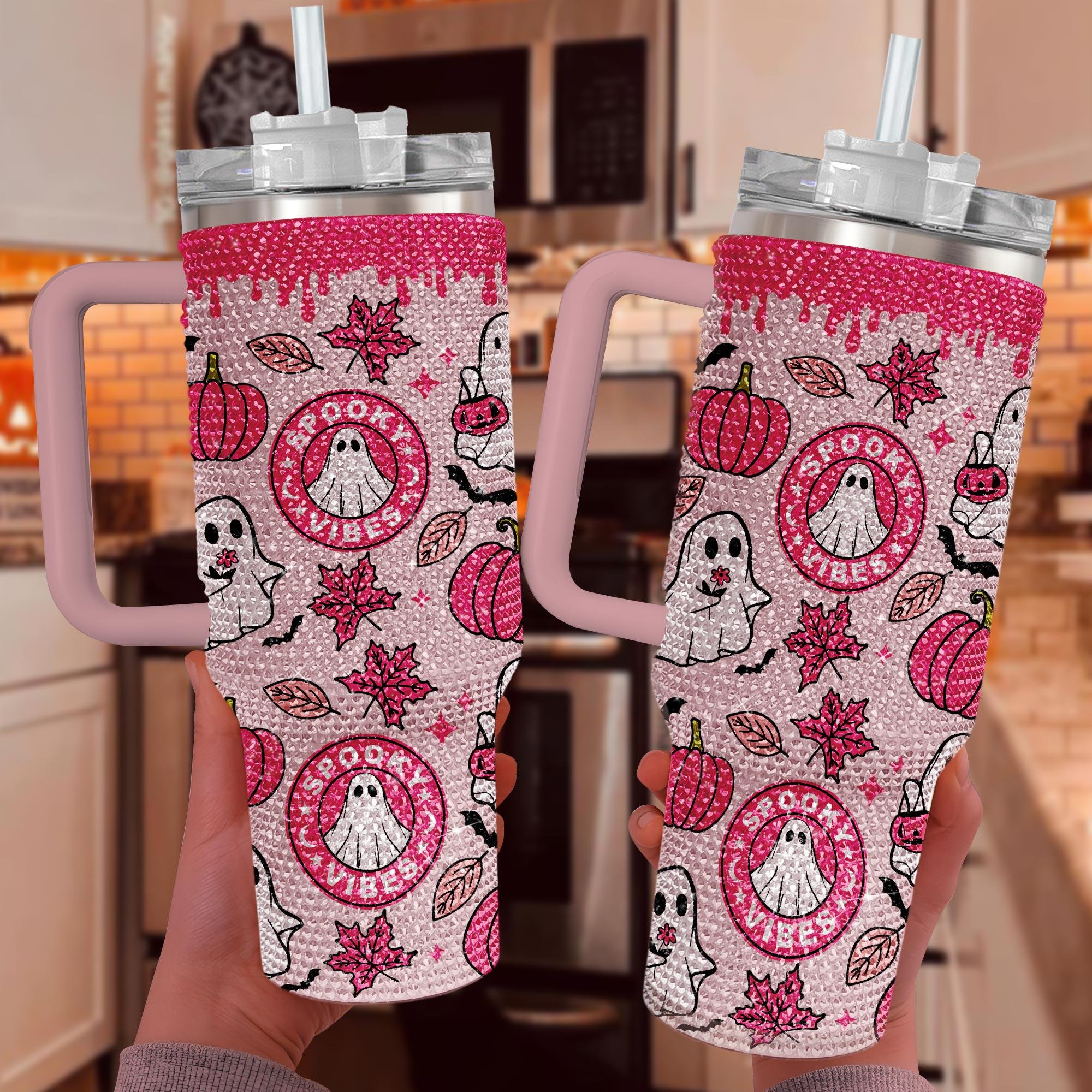 christmas gift custom name tumbler Halloween pumpkin smell face Rhinestone 40oz metal vacuum Insulated Mug with handle