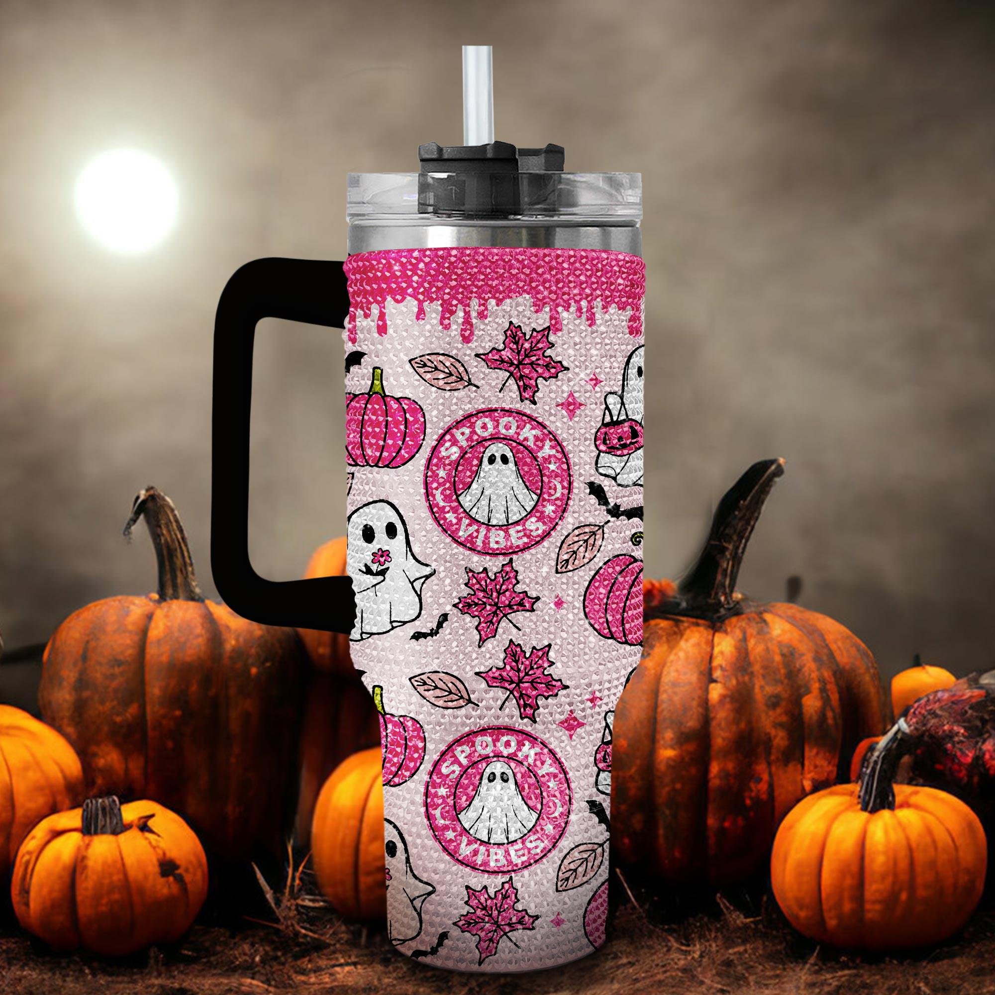 christmas gift custom name tumbler Halloween pumpkin smell face Rhinestone 40oz metal vacuum Insulated Mug with handle