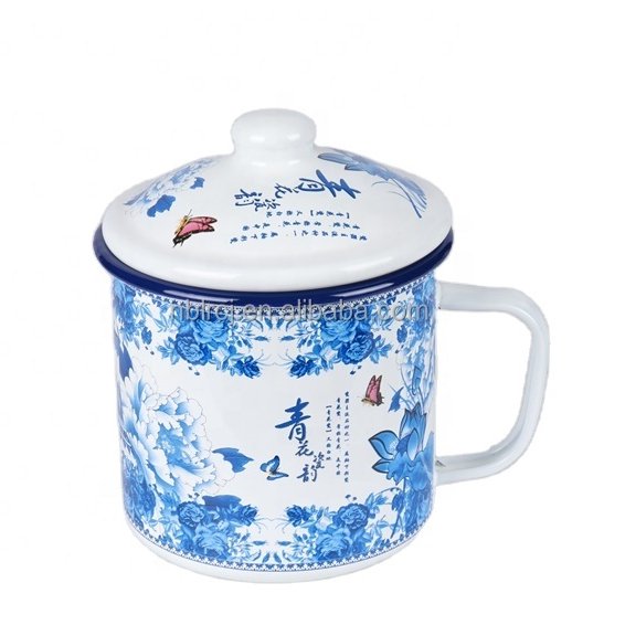 high-capacity with lid coffee mug holder enamel mug rolled rim Chinese writing words decoration gifts cups warmer coffee