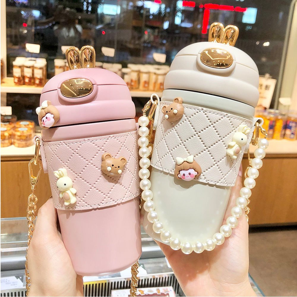 rabbit ear portable shoulder strap thermal insulated cups 480ml 304 stainless steel vacuum flask thermal water bottle