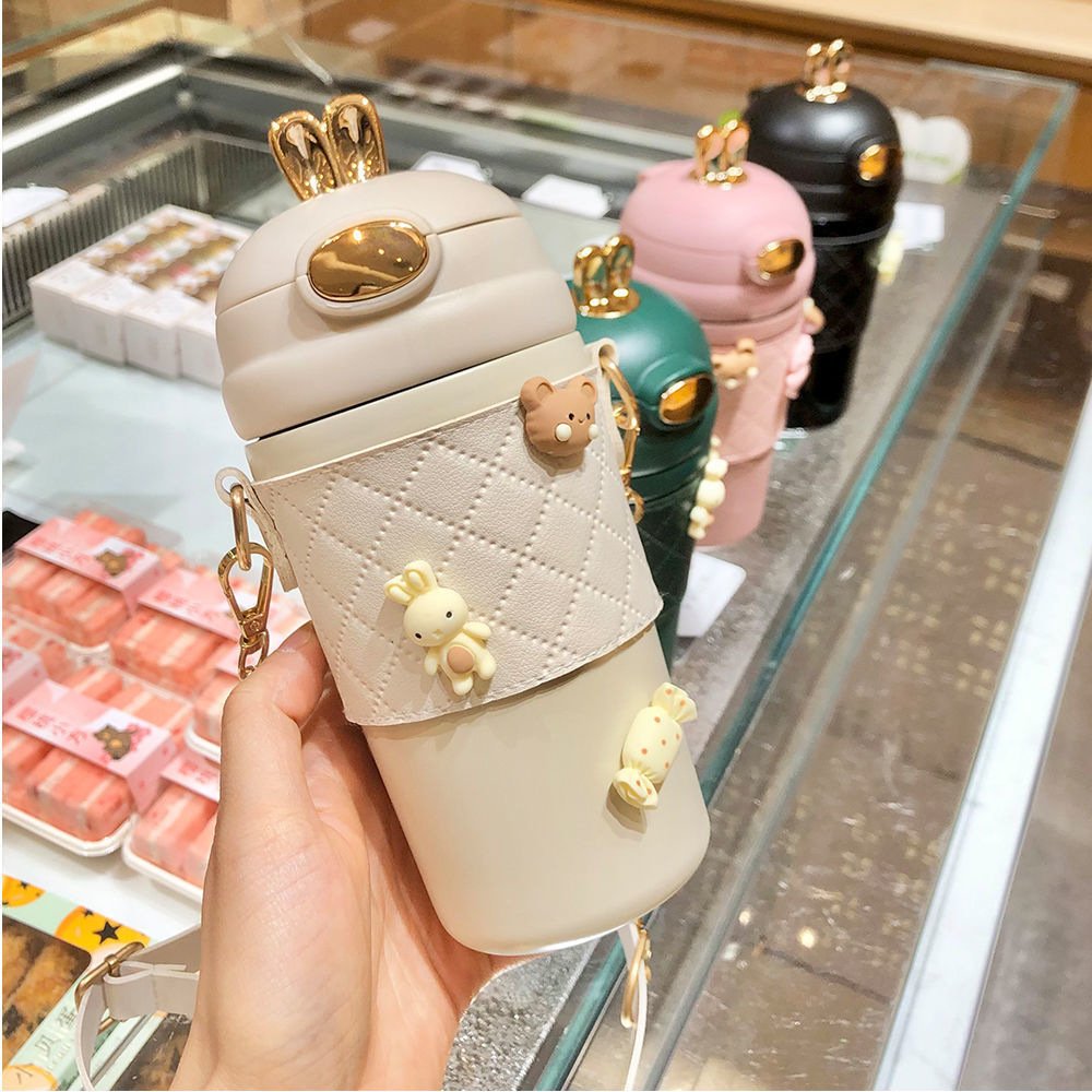rabbit ear portable shoulder strap thermal insulated cups 480ml 304 stainless steel vacuum flask thermal water bottle