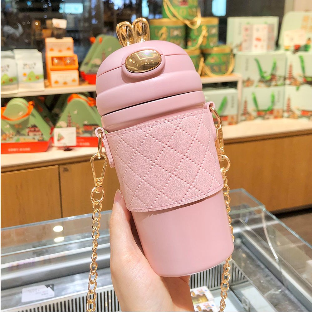 rabbit ear portable shoulder strap thermal insulated cups 480ml 304 stainless steel vacuum flask thermal water bottle