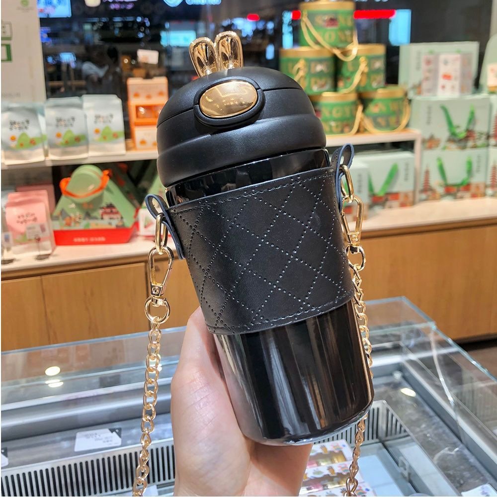 rabbit ear portable shoulder strap thermal insulated cups 480ml 304 stainless steel vacuum flask thermal water bottle