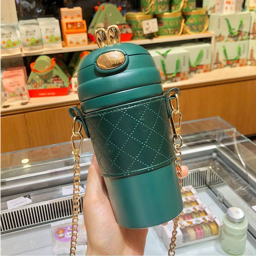 rabbit ear portable shoulder strap thermal insulated cups 480ml 304 stainless steel vacuum flask thermal water bottle