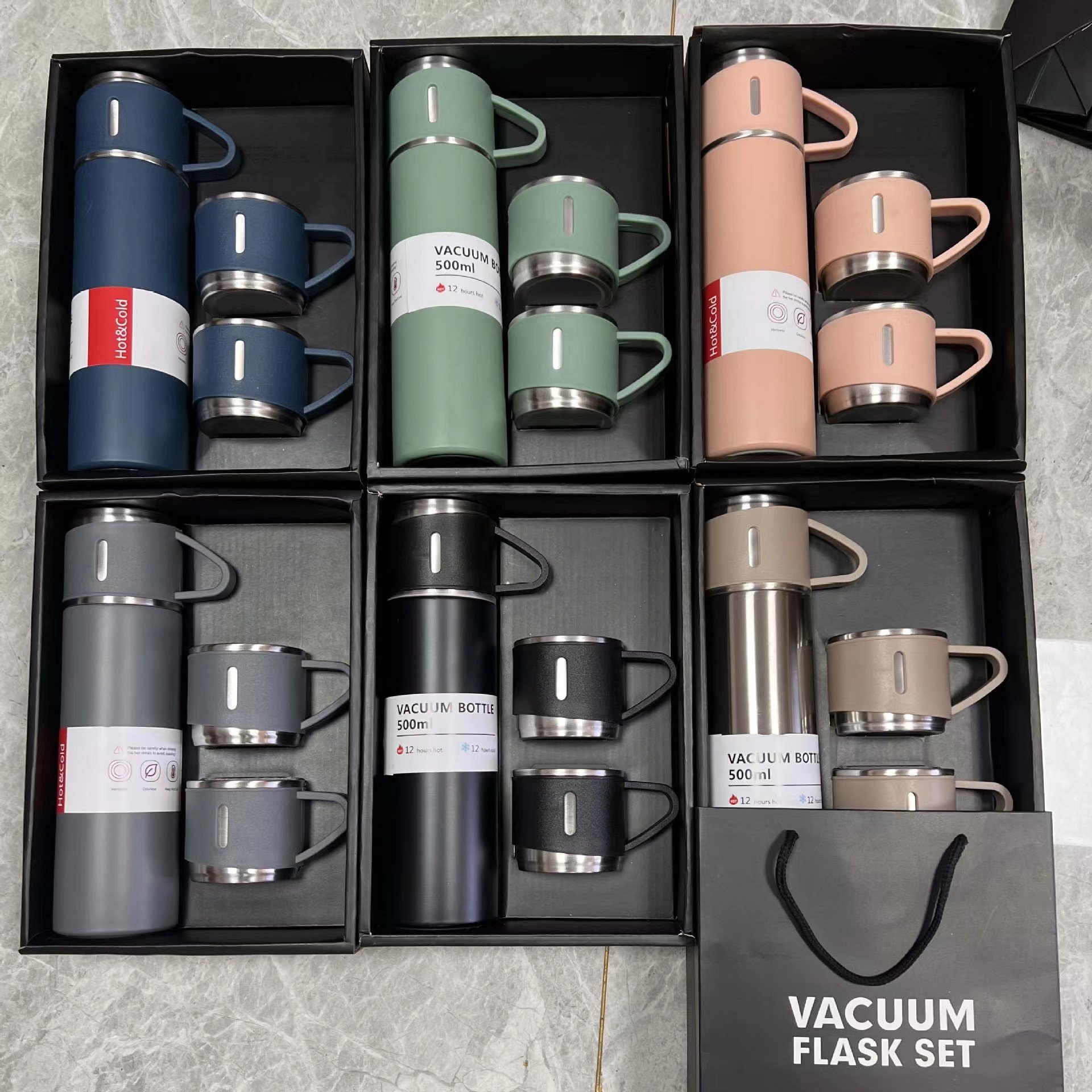 Corporate Business Double Wall Insulated Vacuum Flask Travel Mug Gift Set Stainless Steel Thermal Bottle and 2 Cups