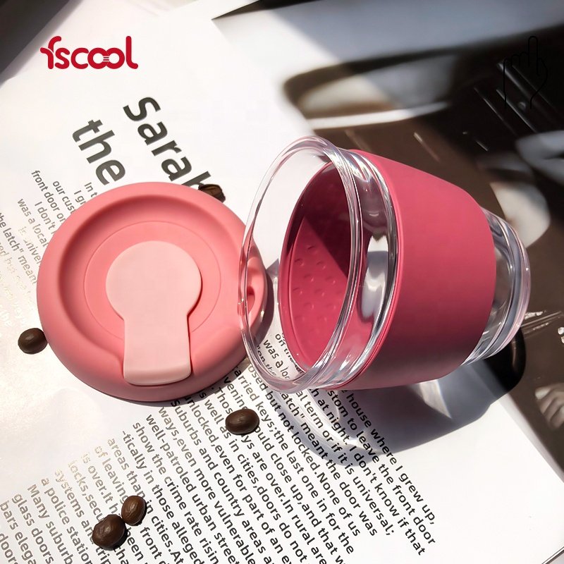New Arrival Custom Silicone Sleeve Portable Glass Cup with Holder Travel Glass drinking Mug With Lid Silicone
