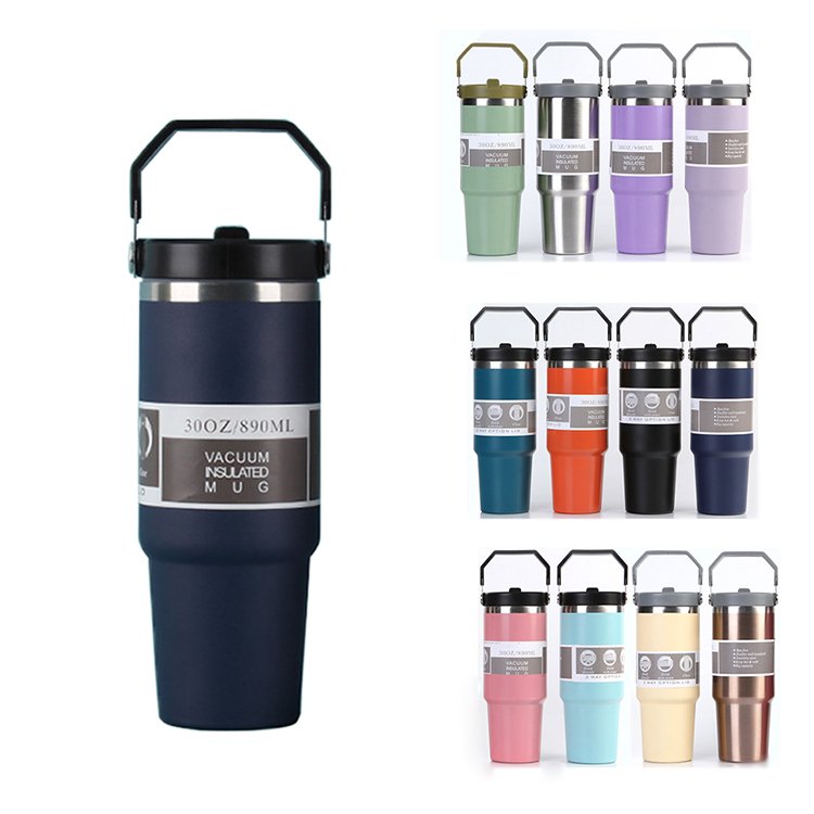 30oz Outdoor Leakproof travel coffee cup Stainless Steel Vacuum Insulated Mug with Handle and Built-In Straw