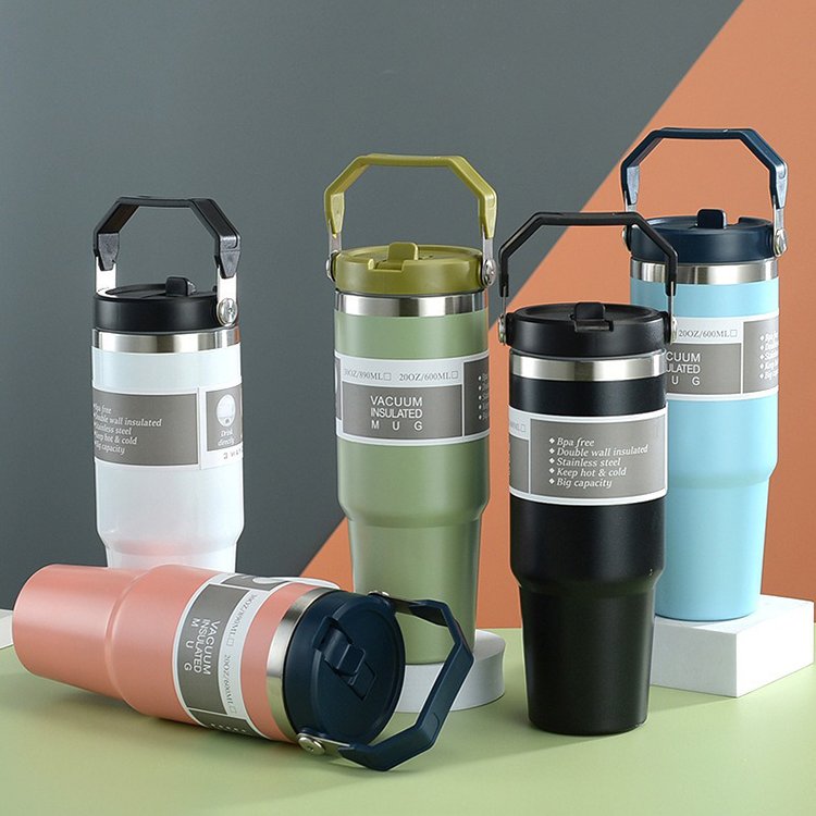 30oz Outdoor Leakproof travel coffee cup Stainless Steel Vacuum Insulated Mug with Handle and Built-In Straw